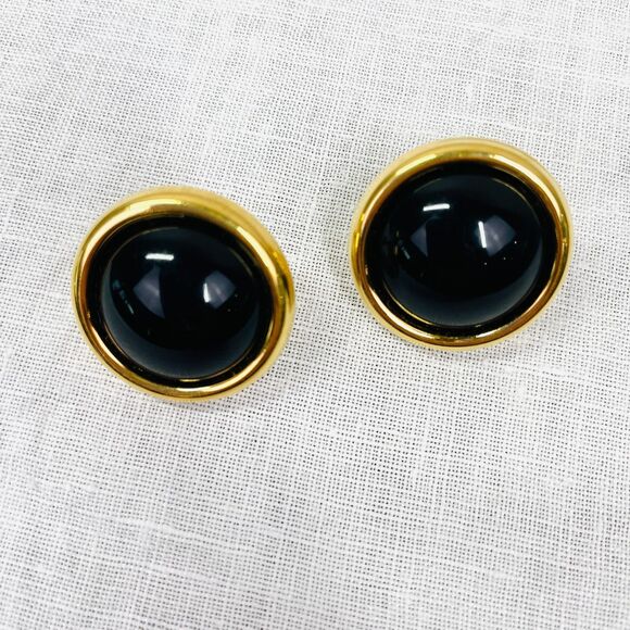 Vintage 80s Earrings Black Gold Chunky 80s VTG Original Clip On Earrings Vintage - Picture 3 of 7